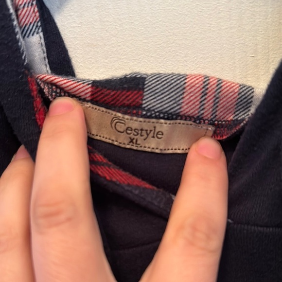 Blue Hoodie with Plaid Pocket and Sleeves - Picture 2 of 4